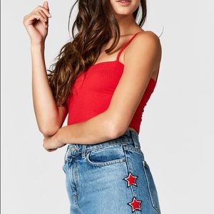 LF mini jean skirt red white and black
